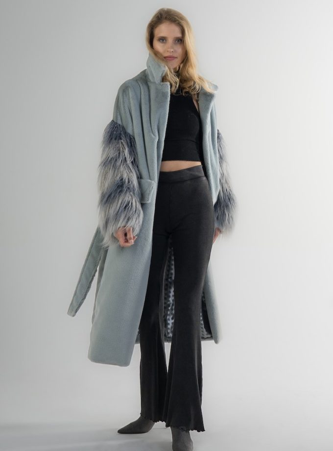 FLUFFY GRAY belted faux fur coat