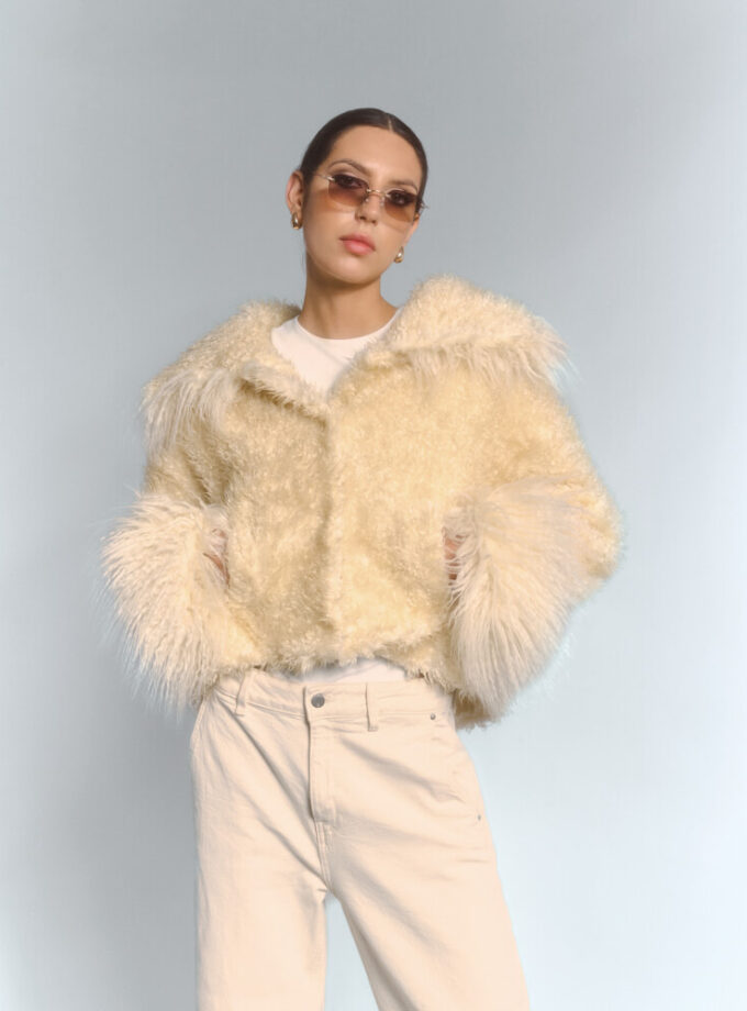 GODDESS cream faux fur jacket